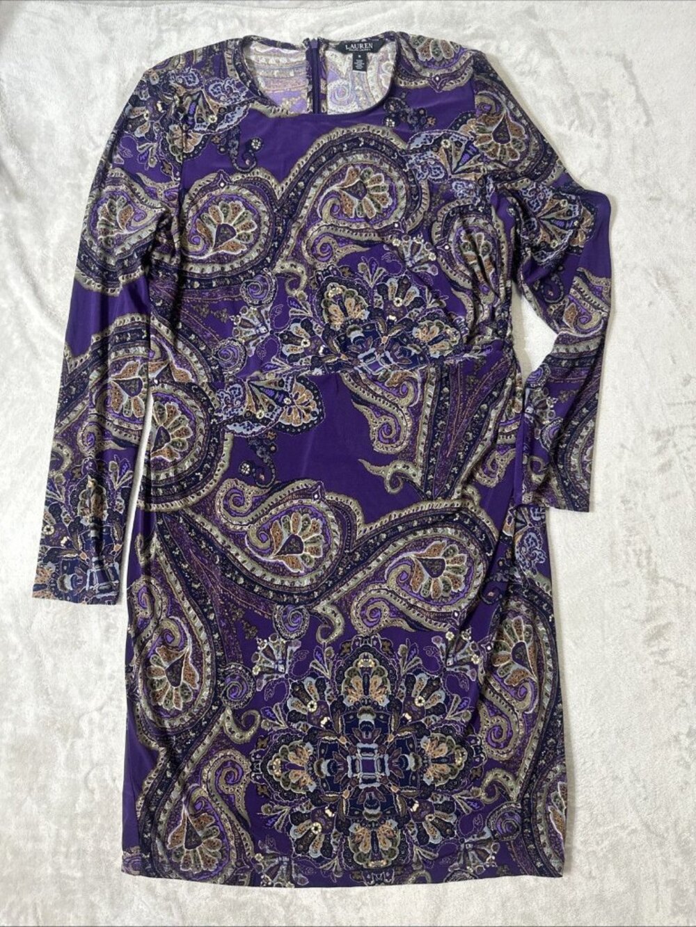 Lauren Ralph Lauren Dress Womens 16 Purple Paisley Ruched Stretch Midi